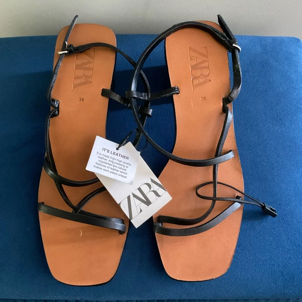 Zara Black Strappy heel Sandals with Brown Footbed